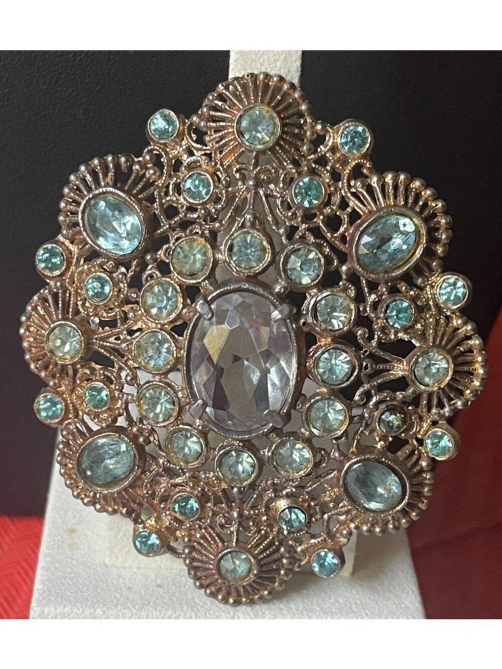 Vtg Czech Aqua Filigree Brooch Large Rhinestone Centerpiece Intricate Design